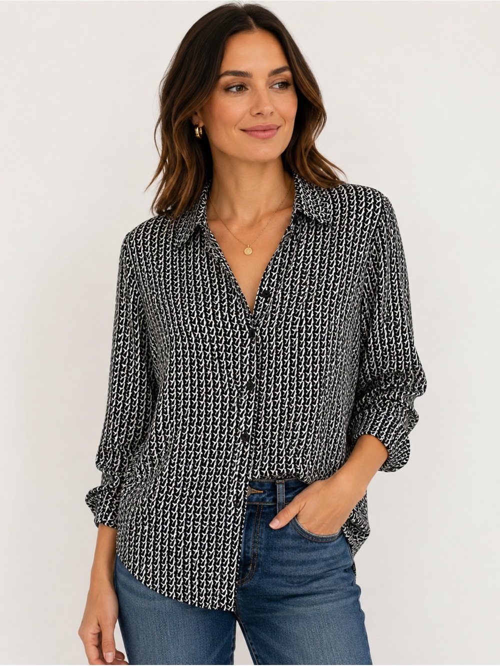 Zara Black and White Patterned Button-Up Blouse